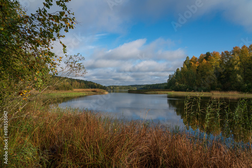 View from the shore of Lake Ladoga near the village of Lumivaara on a sunny autumn day, Ladoga skerries, Lahdenpohya, Republic of Karelia, Russia