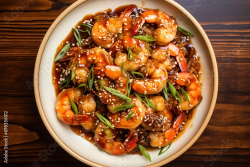 Sweet oyster sauce shrimp with sprinkled sesame seed