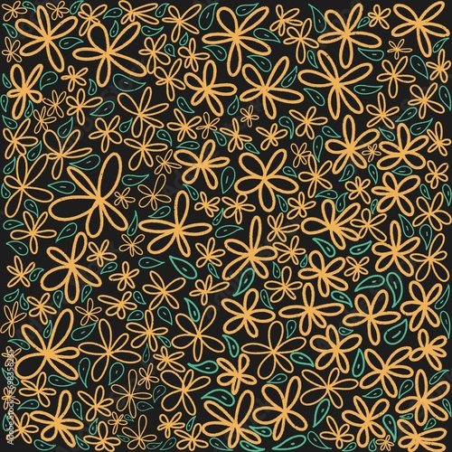 Texture black yellow flower and leaves line illustration  wallpaper old style 