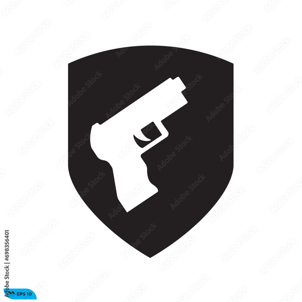 Shield pistol gun solid style icon design vector graphic of template, sign and symbol Shield pistol gun solid style icon design vector graphic of template, sign and symbol
