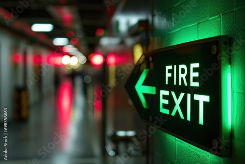 The indicator light shows the word FIRE EXIT. Generative AI.