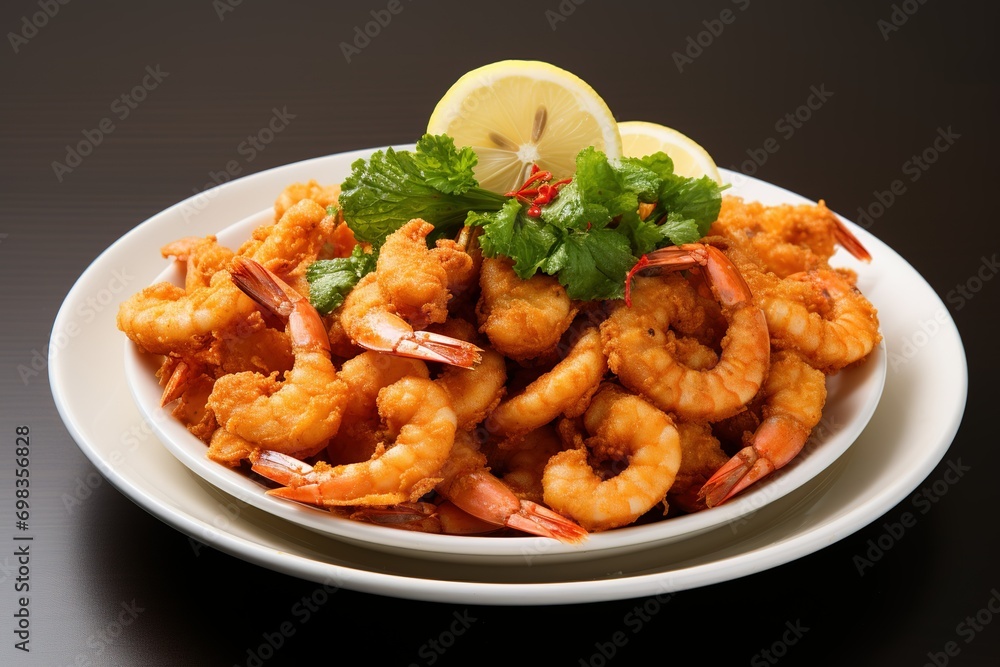 Spicy breaded fried shrimp with fresh parsley leaves. Spicy breaded fried shrimp with fresh parsley leaves.