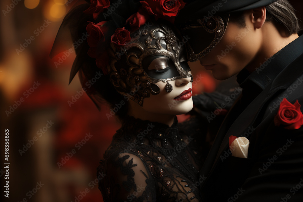 Carnival Masquerade Ball with Elegant Costumes, Italian Carnival Masquerade Dance Radiates Romance and Seduction, Featuring Masks and an Elegant Atmosphere