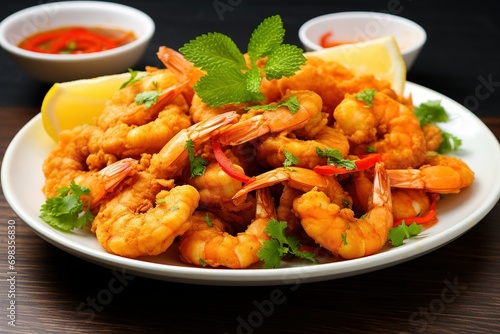 Spicy breaded fried shrimp with fresh parsley leaves.