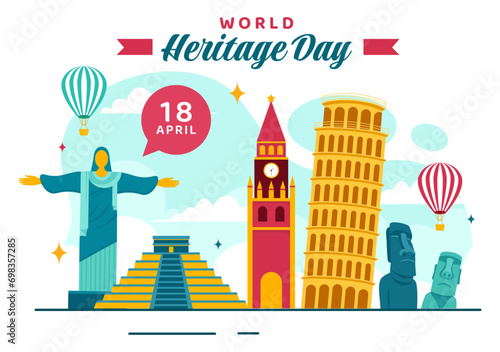 World Heritage Day Vector Illustration on 18 April for Commemorative Monuments and Sites from Various Countries in Flat Background