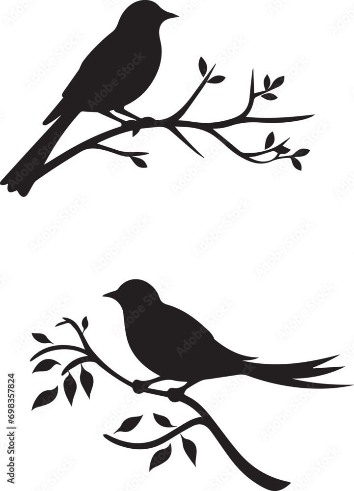 Two Silhouette birds on a tree branch on white background - obrazy, fototapety, plakaty 