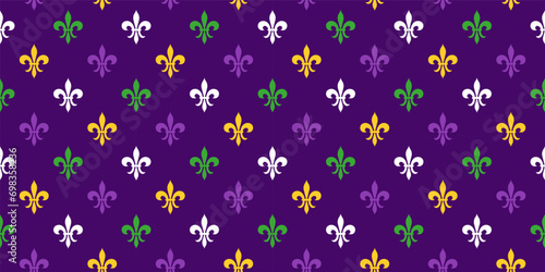 Mardi Gras Seamless Pattern with Fleur de Lys Flower. Purple, Green and Yellow Vector Background with Carnival Festive Symbol.