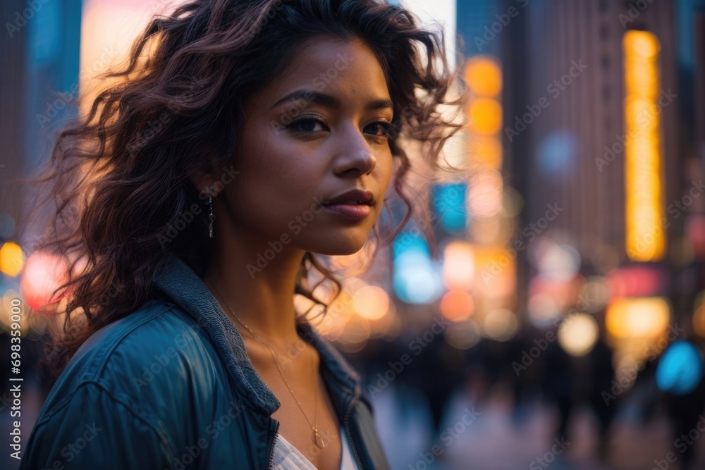 Obraz premium Beautiful Young Cute Girl City Lights Backlit Portrait at Blue Hour
