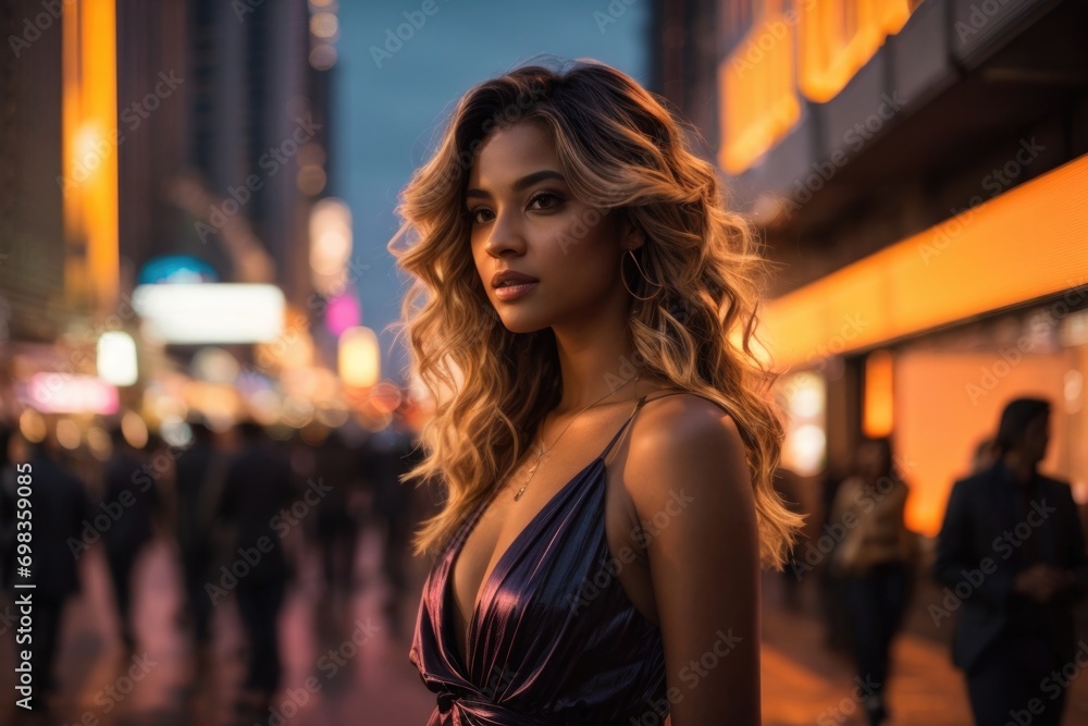 Beautiful Young Cute Girl City Lights Backlit Portrait at Blue Hour