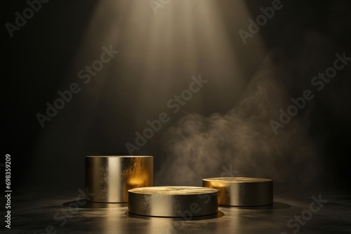 Gold podium on dark background with smoke. Empty pedestal for award ceremony