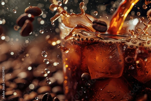 Cold coffee drink with ice, Beans and splash, Close up banner photo