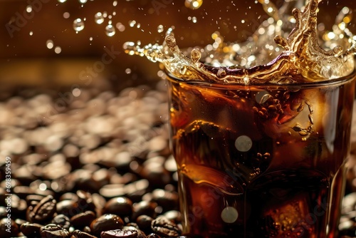 Cold coffee drink with ice, Beans and splash, Close up banner