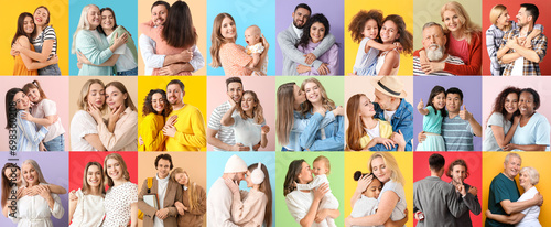 Big collage of hugging people on color background photo