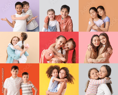 Collage of hugging people on color background