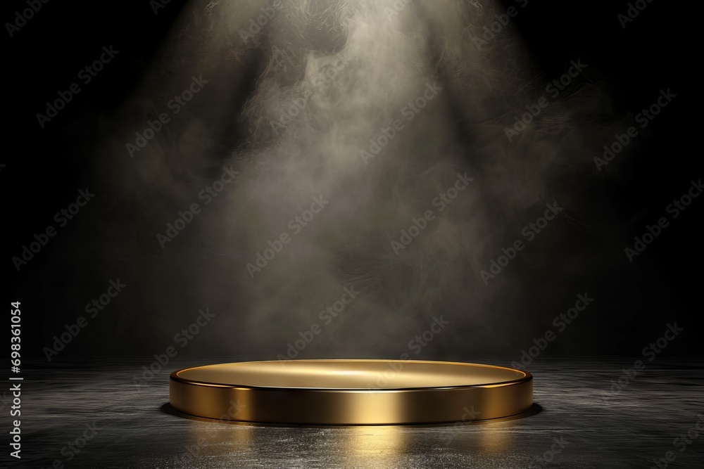 Gold podium on dark background with smoke. Empty pedestal for award ceremony - obrazy, fototapety, plakaty 