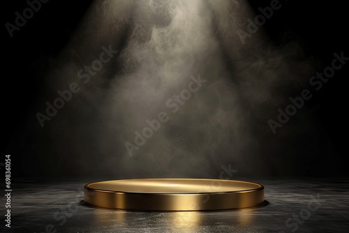 Gold podium on dark background with smoke. Empty pedestal for award ceremony photo