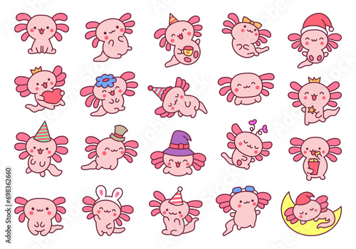 Cute kawaii little axolotl. Smiling nice cartoon animal character. Hand drawn style. Vector drawing. Collection of design elements.