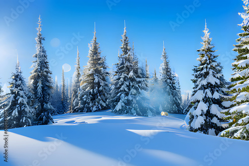 A snow-covered forest with trees and snow, XL winter forest blizzard, snow-covered pine trees © ABDULLAH