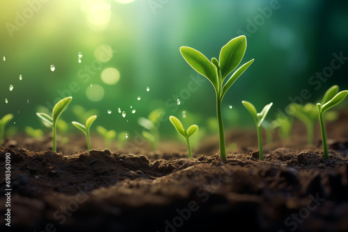 春の訪れを感じさせる、土から出た緑の新芽が成長する様子