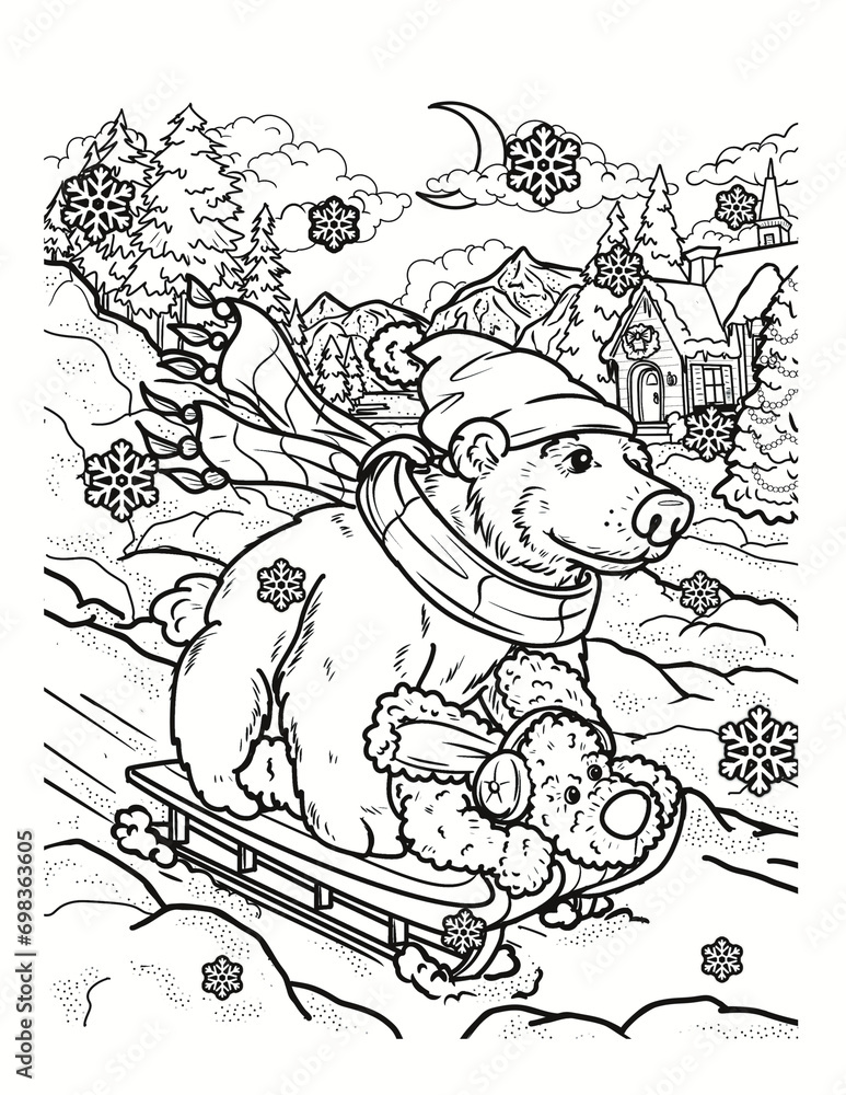 Adorable coloring book page of a polar bear sledding with a puppy as snowflakes fall on a winters night