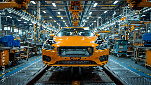 automated automobile assembly line in an automotive industry shop for the manufacture and assembly of new cars. © tongpatong