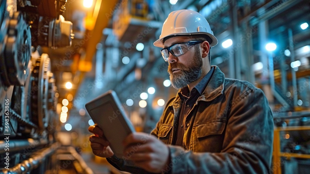 A businessman in the factory shows a machine to a businesswoman using a tablet. . A businessman in the factory shows a machine to a businesswoman using a tablet. .