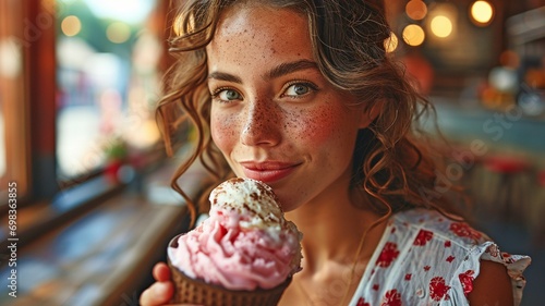 up close ice cream-eating, happy woman . photo