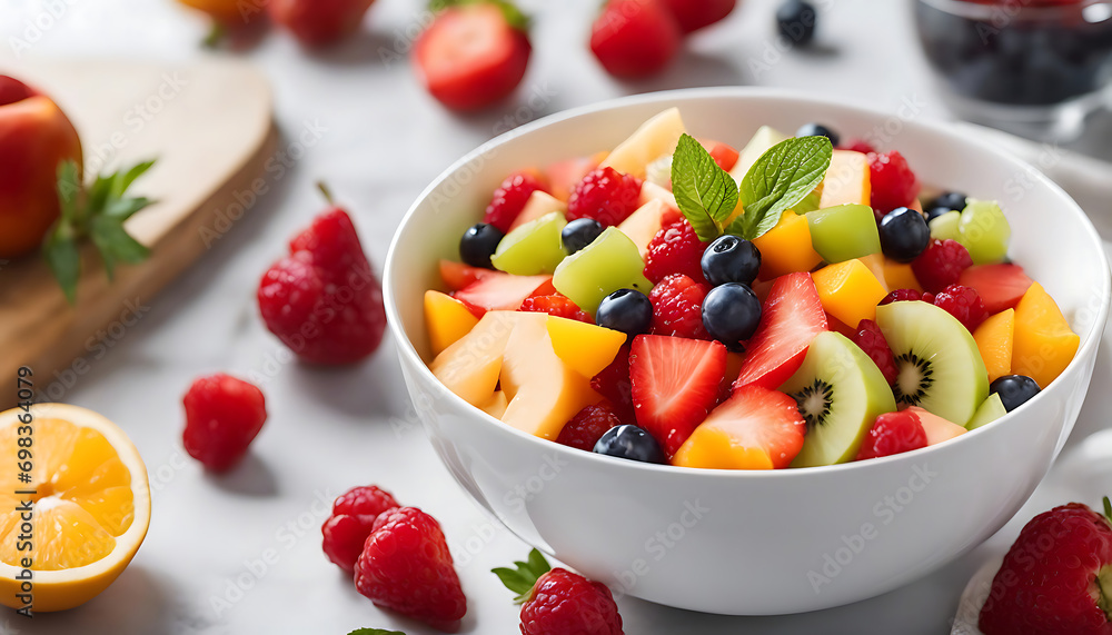 Healthy fruit salad with fresh fruits and berries in a bowl. Healthy fruit salad with fresh fruits and berries in a bowl.