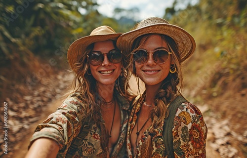 Two contented female bloggers who are tourists travelling through Thailand are dressed in a silk suit, sunglasses, and a scarf. .