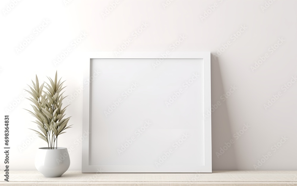 Blank frame and indoor plant with copy space on table top. Minimalism interior design. For product, wallpaper, advertising, and marketing material mockup. Blank frame and indoor plant with copy space on table top. Minimalism interior design. For product, wallpaper, advertising, and marketing material mockup.