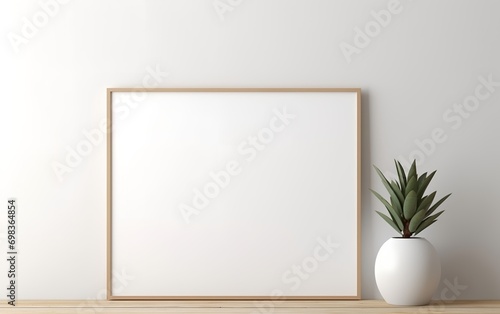Blank frame and indoor plant with copy space on table top. Minimalism interior design. For product, wallpaper, advertising, and marketing material mockup.