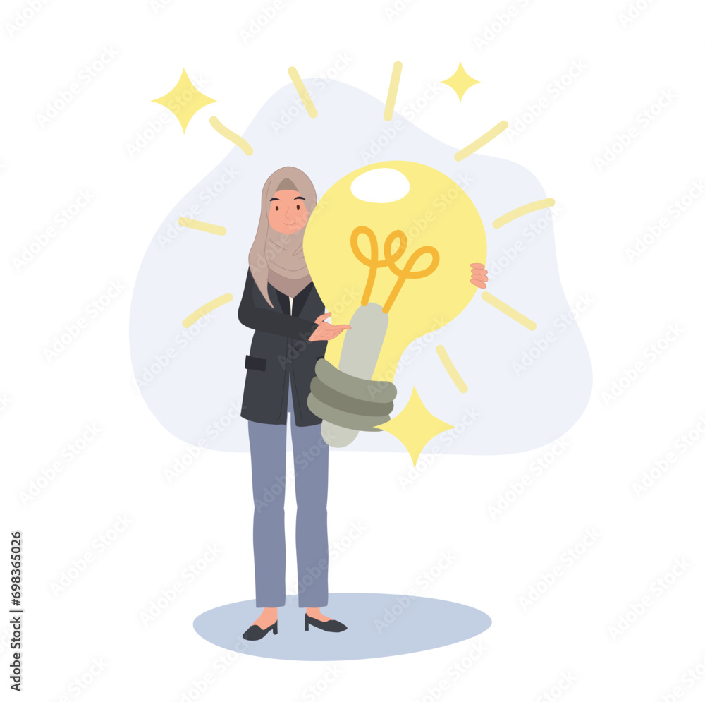 Muslim Businesswoman Illuminating Innovation a Big Idea as a Huge Light Bulb. Muslim Businesswoman Illuminating Innovation a Big Idea as a Huge Light Bulb.