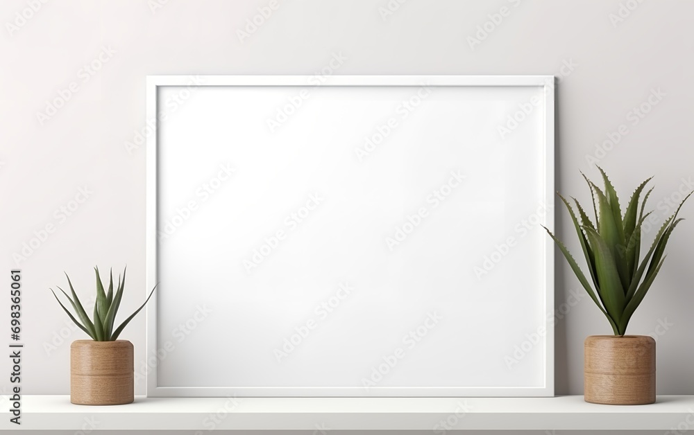 Blank frame and indoor plant with copy space on table top. Minimalism interior design. For product, wallpaper, advertising, and marketing material mockup.