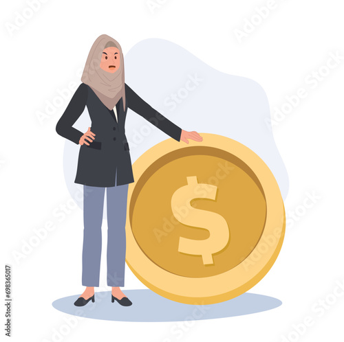  Financial Success and Leadership concept. Muslim Businesswoman Standing Near Big Golden Coin