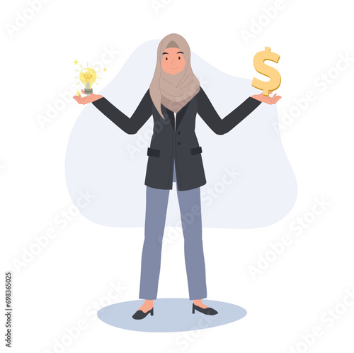 Finance and Innovation in Business concept. Muslim Businesswoman Holding Money and Ideas in both hands.