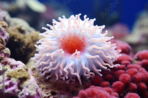 White spotted rose anemone Urticina lofotensis in a Pacific ocean coral reef photo