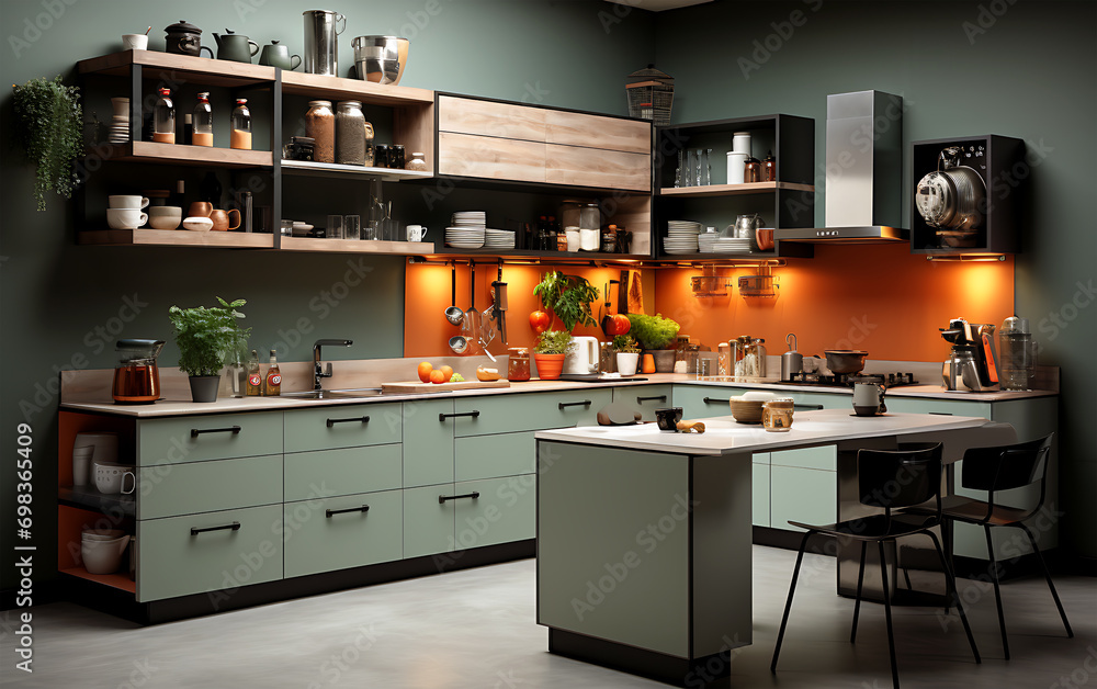 A colorful Indian kitchen interior design that creates a pleasant atmosphere