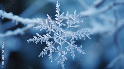 A close-up of a delicate snowflake resting on a branch. © Hasni,s