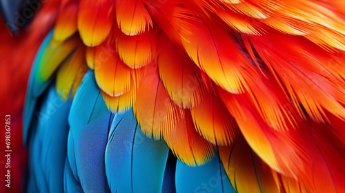 A close-up of a macaw's plumage showcasing its vibrant feathers. © The Asthatics