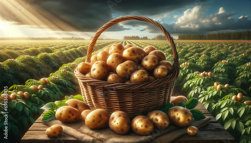 Wicker basket with potatoes on the background of a potato field. photo