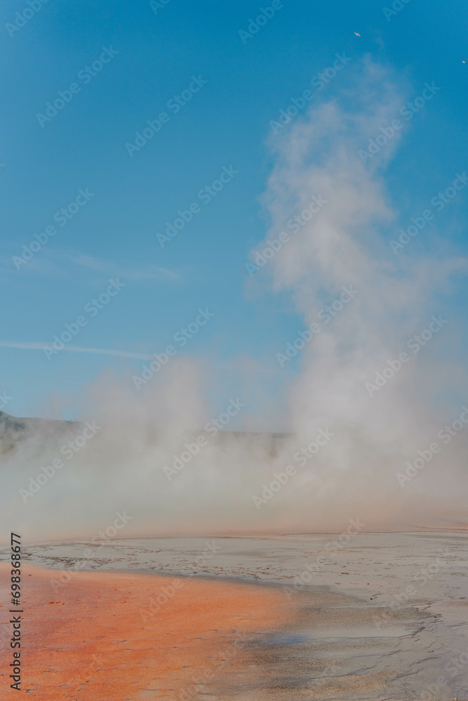 Grand Prismatic Spring, Spectacular Scene,misty serene Yellowstone national park geothermal pools hot springs united states america geysers