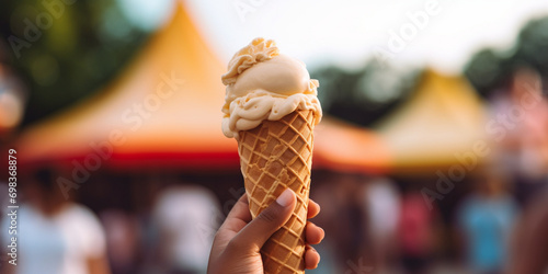 A ice cream in a restaurant with man holding in hand blur background