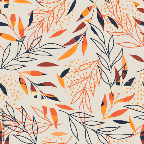 Abstract pattern with hand drawn leaves. Ideal for wallpaper, surface textures, textiles.