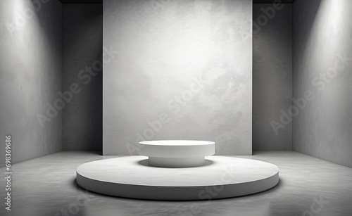 Empty podium on an abstract gray textured background or in a white studio