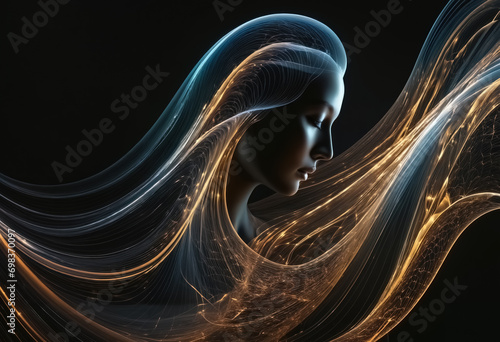 Abstract translucent view of a woman face with shapes of light on a black background