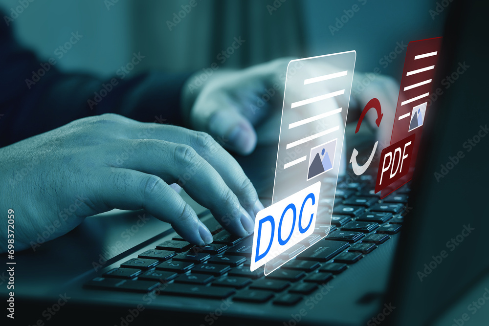 Convert PDF files with online programs. Users convert document files on a platform using an internet connection at desks. concept of technology transforms documents into portable document formats. - obrazy, fototapety, plakaty 