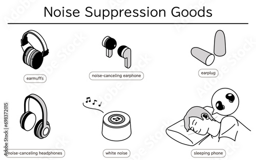 Illustrated set of user-friendly noise-reducing products