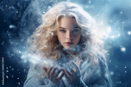 Enchanted Winter: Mystical Woman Holding a Glowing Snowflake Orb, Generative AI illustration