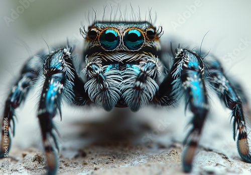 A close-up of a spider with blue eyes