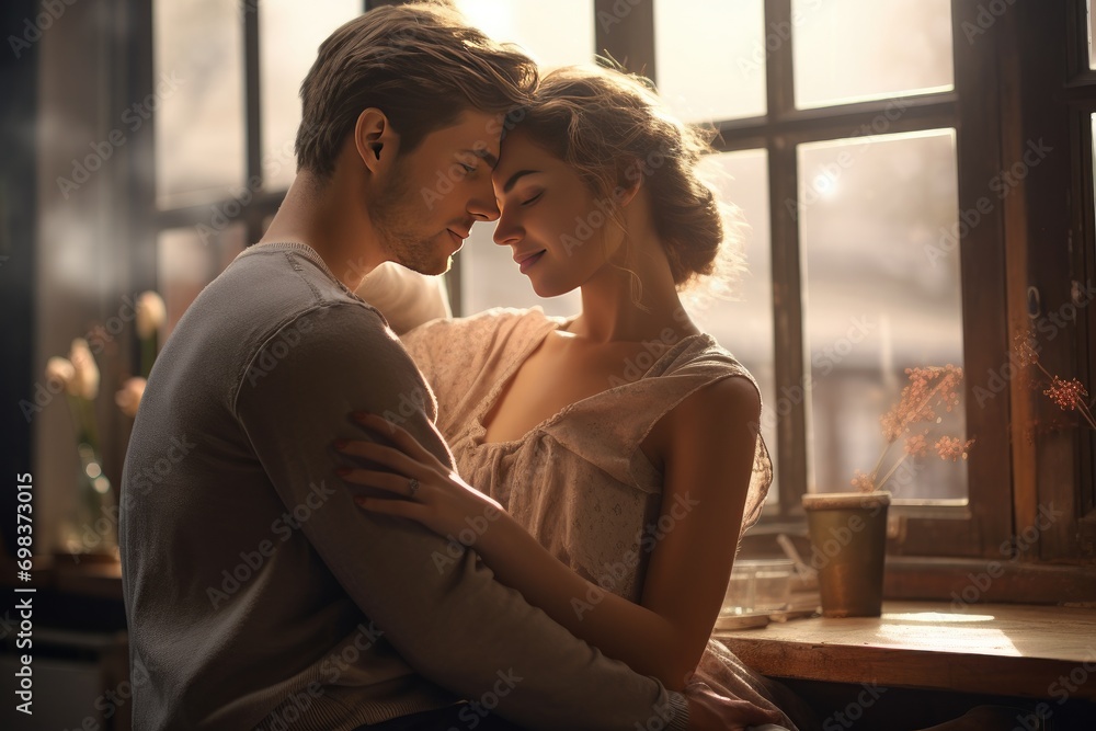 Romantic couple enjoying intimate moment at home. Love and tenderness. Romantic couple enjoying intimate moment at home. Love and tenderness.